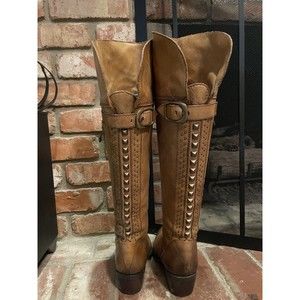 Vince Camuto Bollo Knee High Riding Boots Studded Zip Up Leather Brown Womens 6M
